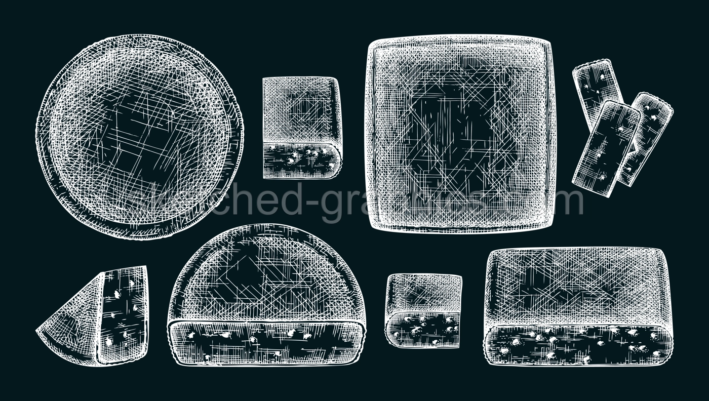 Sketch style cheese collection. Hand-drawn food illustrations. Dairy products vector drawings on chalkboard. NOT AI generated Illustration